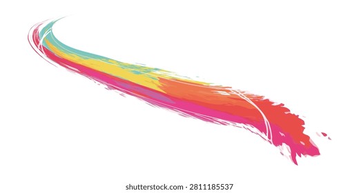 A dynamic and colorful paint stroke, featuring a blend of rainbow hues like pink, orange, yellow, and teal, creating an energetic and artistic abstract design.
