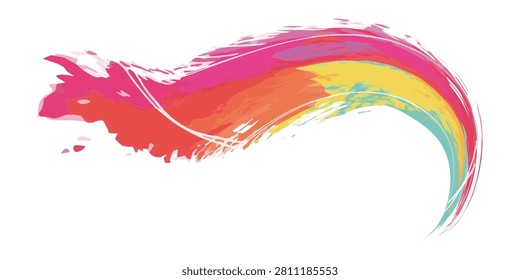A dynamic and colorful paint stroke in the shape of a wave, featuring a gradient of red, orange, yellow, green, and blue hues, creating an energetic and artistic abstract design.
