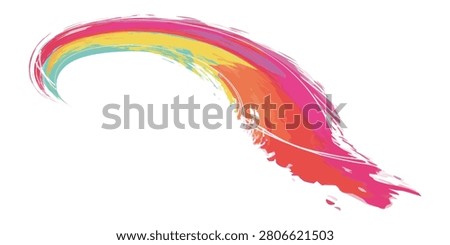 A dynamic and colorful paint stroke in the shape of a rainbow arc, featuring a blend of red, orange, yellow, green, and blue hues, creating an energetic and artistic abstract design.