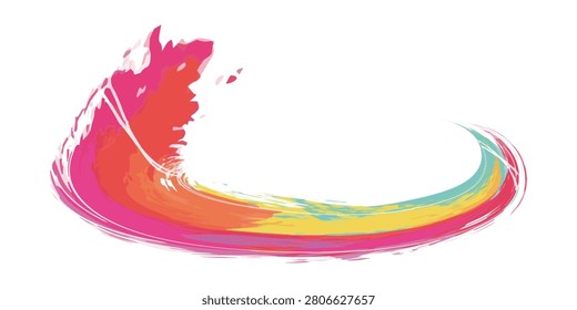 A dynamic and colorful paint stroke in a wave-like or curved shape, featuring a gradient of red, orange, yellow, green, and blue hues, creating an artistic and energetic abstract design.