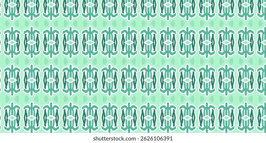 A dynamic, colorful pattern with symmetrical elements combining bright green and soft pink on a mint green background.