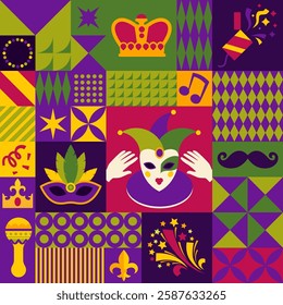 A dynamic and colorful poster featuring festive Mardi Gras elements such as masks, beads, and musical symbols. A vector illustration.