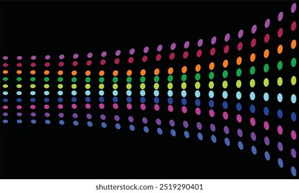 A dynamic and colorful rainbow dot pattern on a black background, featuring vivid circular shapes. Ideal for eye-catching presentations, digital art, or modern designs.