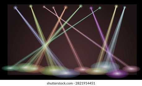Dynamic colorful spotlight rays illuminating theater stage floor background. Vector illustration featuring bright beams of light for musical event shows.