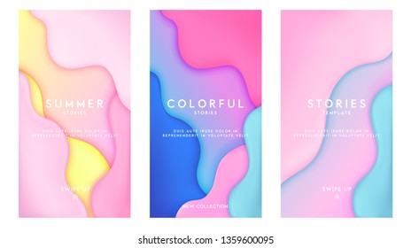 Dynamic colorful stories template design set with fluid rainbow gradient transparent elements. Creative illustration for poster, web, landing, page, cover, ad, greeting, card, social media, promotion.