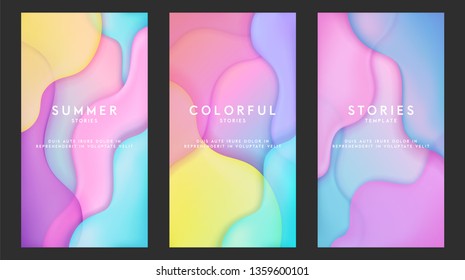 Dynamic colorful stories template design set with fluid rainbow gradient transparent elements. Creative illustration for poster, web, landing, page, cover, ad, greeting, card, social media, promotion.