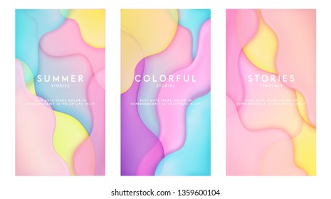 Dynamic colorful stories template design set with fluid rainbow gradient transparent elements. Creative illustration for poster, web, landing, page, cover, ad, greeting, card, social media, promotion.
