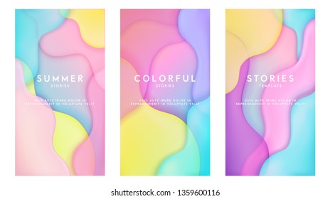 Dynamic colorful stories template design set with fluid rainbow gradient transparent elements. Creative illustration for poster, web, landing, page, cover, ad, greeting, card, social media, promotion.