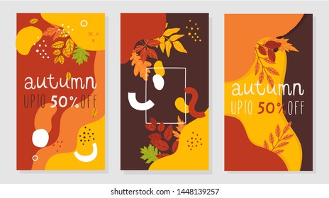 Dynamic colorful stories template design set with autumn leaves, abstract elements and letter. Creative illustration for poster, web, landing, page, cover, ad, greeting, card, social media, promotion.