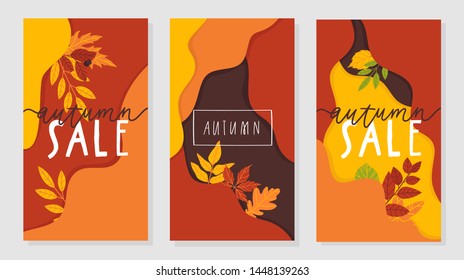 Dynamic colorful stories template design set with autumn leaves and lettering. Creative illustration for poster, web, landing, page, cover, ad, greeting, card, social media, promotion.