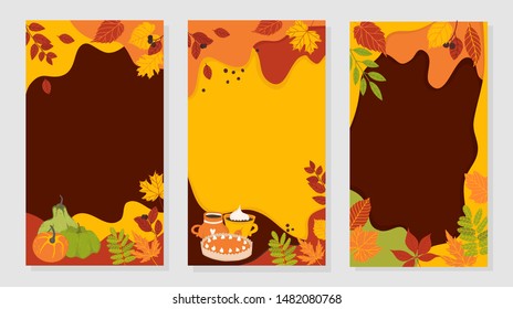 Dynamic colorful stories template design set with autumn leaves and lettering. Creative illustration for poster, web, landing, page, cover, ad, greeting, card, social media, promotion.