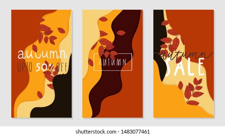 Dynamic colorful stories template design set with autumn leaves and lettering. Creative illustration for poster, web, landing, page, cover, ad, greeting, card, social media, promotion.