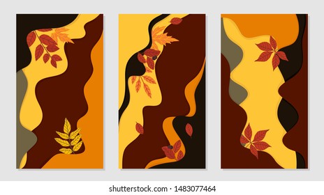 Dynamic colorful stories template design set with autumn leaves and lettering. Creative illustration for poster, web, landing, page, cover, ad, greeting, card, social media, promotion.