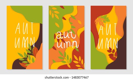 Dynamic colorful stories template design set with autumn leaves and lettering. Creative illustration for poster, web, landing, page, cover, ad, greeting, card, social media, promotion.