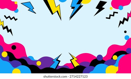 Un fondo de Vector dinámico y colorido en el vibrante estilo de Memphis de los años 80 y 90. El diseño abstracto presenta Formas fluidas y curvas, puntos, zig-zags y pernos de relámpago afilados.