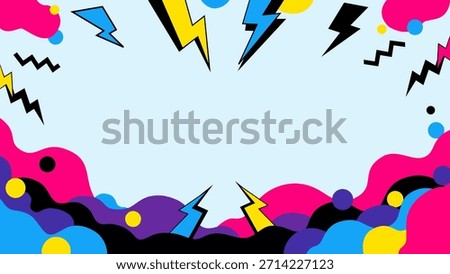 A dynamic and colorful vector background in the vibrant 80s and 90s Memphis style. The abstract design features fluid, curvy shapes, dots, zig-zags, and sharp lightning bolts.