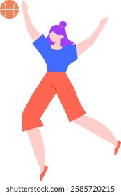 Dynamic and colorful vector illustration featuring a young woman playing basketball, jumping and throwing the ball in the air, symbolizing energy, athleticism, and the joy of sports