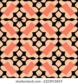 Dynamic combination of black and orange shapes arranged in circular pattern creates seamless and visually captivating design, suitable for fabric and other seamless applications.