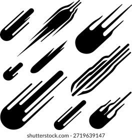  Ilustración De Cometas Dinámicos Con Formas De Caída Geométricas Minimalistas. Estrellas caídas estilizadas e iconos de cometas para el diseño del concepto de espacio y velocidad. Elementos gráficos de movimiento de Vector con velocidad rápida. 