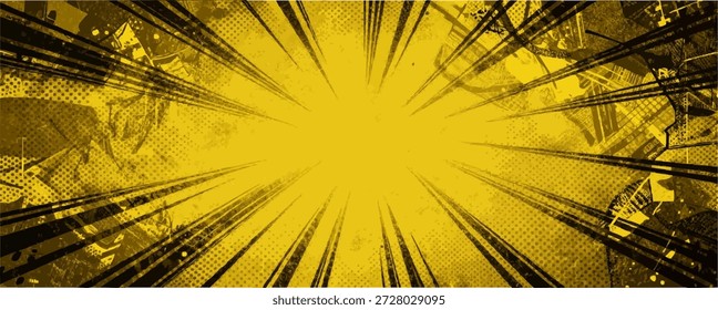 Dynamic Comic Book Style Graphic with Radiating Black Speed Lines and Bright Yellow Light Source, Manga Inspired Action Background Illustration
