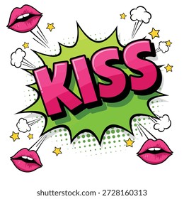 A dynamic comic book style graphic featuring the word KISS in bold pink letters within a green, jagged speech bubble, surrounded by stylized lips and yellow stars.