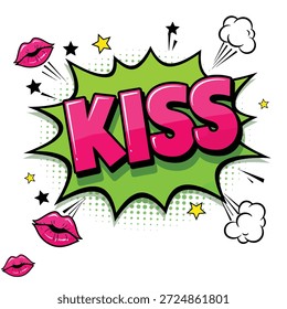 Uma ilustração dinâmica em estilo de história em quadrinhos com a palavra KISS em letras rosa brilhantes e em negrito dentro de uma bolha de fala verde e irregular, cercada por lábios estilizados, estrelas e explosões de estrelas.