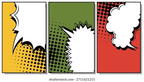 Dynamic Comic Book Style Panels with Speech Bubbles and Halftone Effects