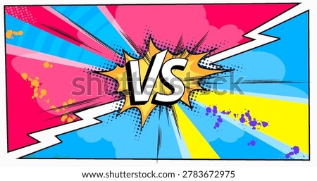 Dynamic comic book versus background with vibrant blue red design and cloud. Abstract vector illustration, retro halftone explosion banner for battle scenes, super hero vs poster with paint splatter