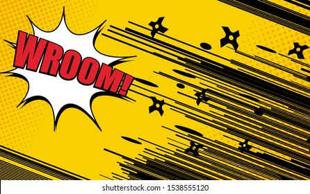 Dynamic comic bright concept with black speed rays and lines shurikens white speech bubble red Wroom inscription halftone effects. Vector illustration