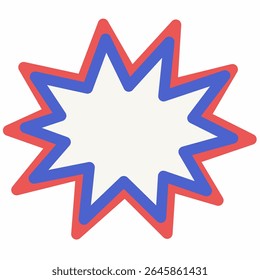 Dynamische comic explosion bubble met gekartelde rode en blauwe starburst omtrek. Ideaal voor pop-art effecten, geluidsexpressie, aankondigingsontwerpen, vetgedrukte teksthoogtepunten en afbeeldingen in stripboekstijl.