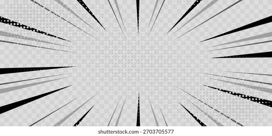 Dynamic comic manga background with black radial speed lines on a transparent background