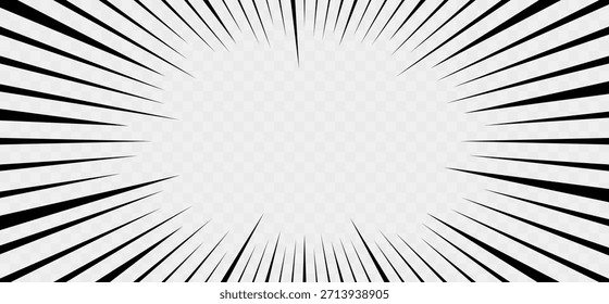Plano de fundo de mangá em quadrinhos dinâmico com linhas de velocidade radial preto em um plano de fundo transparente