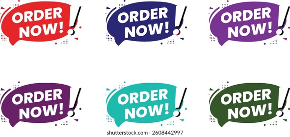 Dynamic “Order Now!” Comic Speech Bubbles Set – Bold Flat Icons with Exclamation Mark in Red, Purple, Teal, and Green for Ecommerce Ads, Call-to-Action Graphics, and Online Promotions

