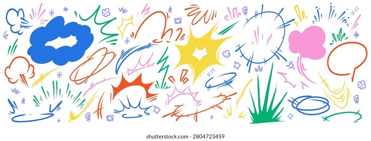 Dynamic comic speed lines set isolated on white background. Vector cartoon illustration of active motion effects, doodle wind, jump, explosion, fly trails, fast action emphasis design elements