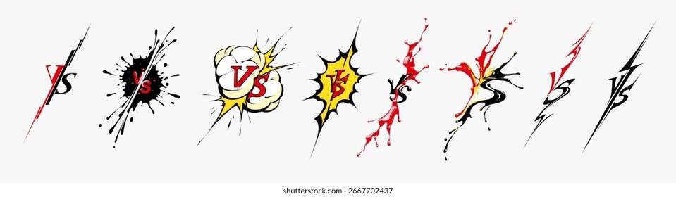 Dynamic comic style vs symbols with vibrant splashes and explosive effects.