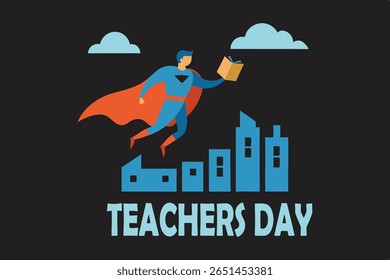 Dynamic comic-book-style vector of a superhero teacher flying above a city of schools and libraries, wearing a cape with a book emblem. Bold, inspiring design on white background for education themes.