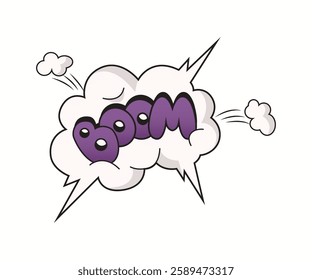 Dynamic comic-style illustration featuring word boom in vibrant purple within explosive cloud. Energetic and playful design ideal for comic and pop art themes.