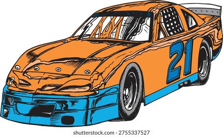 A dynamic, comic-style illustration of an orange stock car designed for oval track racing. The vehicle features a bold orange body with blue accents along the side skirts and front splitter, and a large number 21 on the door. The artwork includes technical details like a rear spoiler, window safety netting, and hood pins, all rendered with thick black outlines and hand-drawn hatching for a classic graphic look. This 2D illustration is ideal for motorsports enthusiasts, digital design assets, and automotive-themed merchandise.