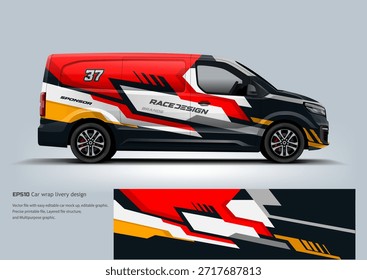 Dinámica librea de camioneta comercial con gráficos de carreras en rojo, amarillo, negro y blanco. Diseño audaz de envoltura de vehículos para entrega y transporte de marca.