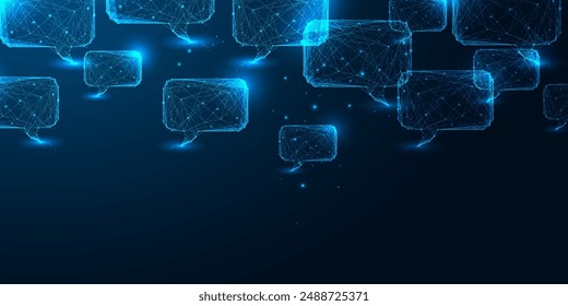 Dynamic communication, dialogue, ideas exchange futuristic concept banner with speech bubbles and space for text on dark blue background. Glowing low polygonal style. Modern design vector illustration