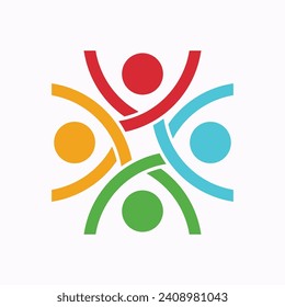 Dynamic Community Interaction Logo - Four Colorful Abstract Figures in Energetic Poses Symbolizing Joyful Social Connection and Active Engagement