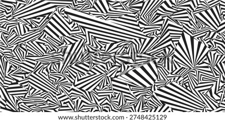A dynamic and complex abstract pattern composed of sharp geometric shapes and bold black and white stripes, creating a striking optical illusion.