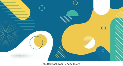 Dynamic composition of abstract fluid organic shapes and geometric elements in blue, yellow, and white, creating a modern and vibrant visual.