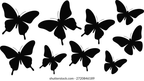 Uma composição dinâmica de silhuetas de borboletas pretas, variando em tamanho e orientação, oferecendo um elemento visual versátil no branco.