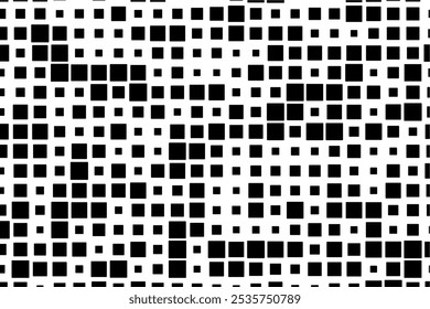 Dynamic composition of black squares in a grid layout, offering a bold contrast with the white backdrop.