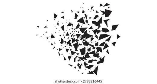 A dynamic composition of black triangular fragments dispersing outwards against a clean white background, suggesting fragmentation or transformation.