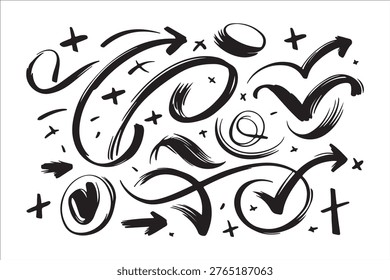 Dynamic composition of bold, black brushstrokes, arrows, and circular shapes on a plain white surface.