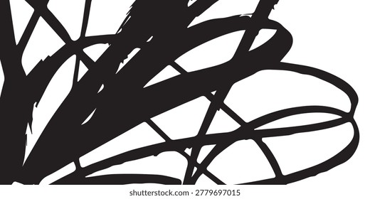 A dynamic composition of bold, black ink scribbles and lines creating an abstract pattern on a clean white background.