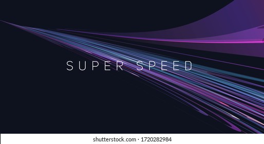 Dynamic composition of bright lines forming lights path of speed movement, futuristic dark background, graphic design element