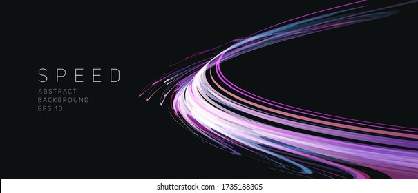 Dynamic composition of bright lines forming lights track of speed movement, futuristic dark background with neon glow, graphic design element